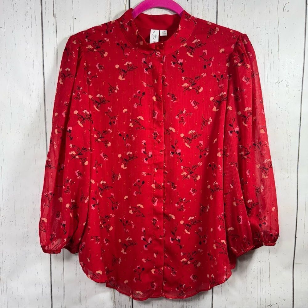 Joie Womens Red Floral Puff 3/4 Sleeves Mandarin Collar Flowy Bright Top Blouse